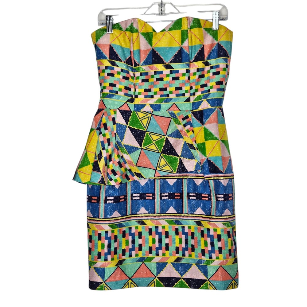 Kirribilla‎ Strapless Silk Dress Geometric Peplum Party Cocktail 4 Wedding Date